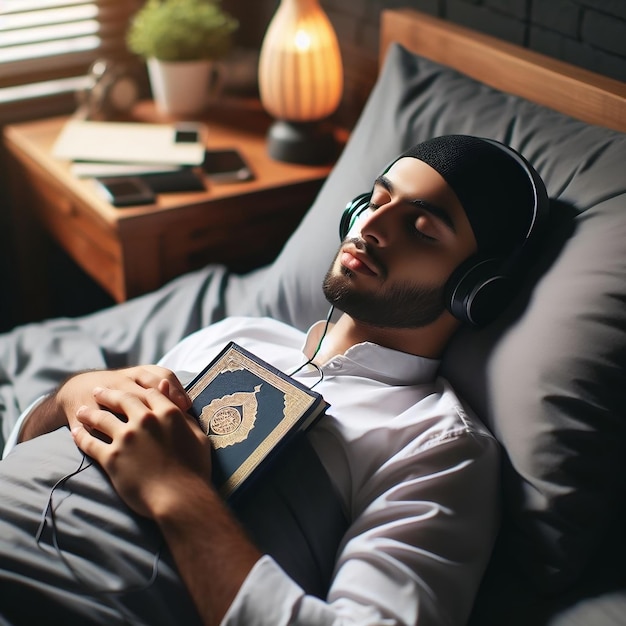 A young man listening to the Quran with headphones.