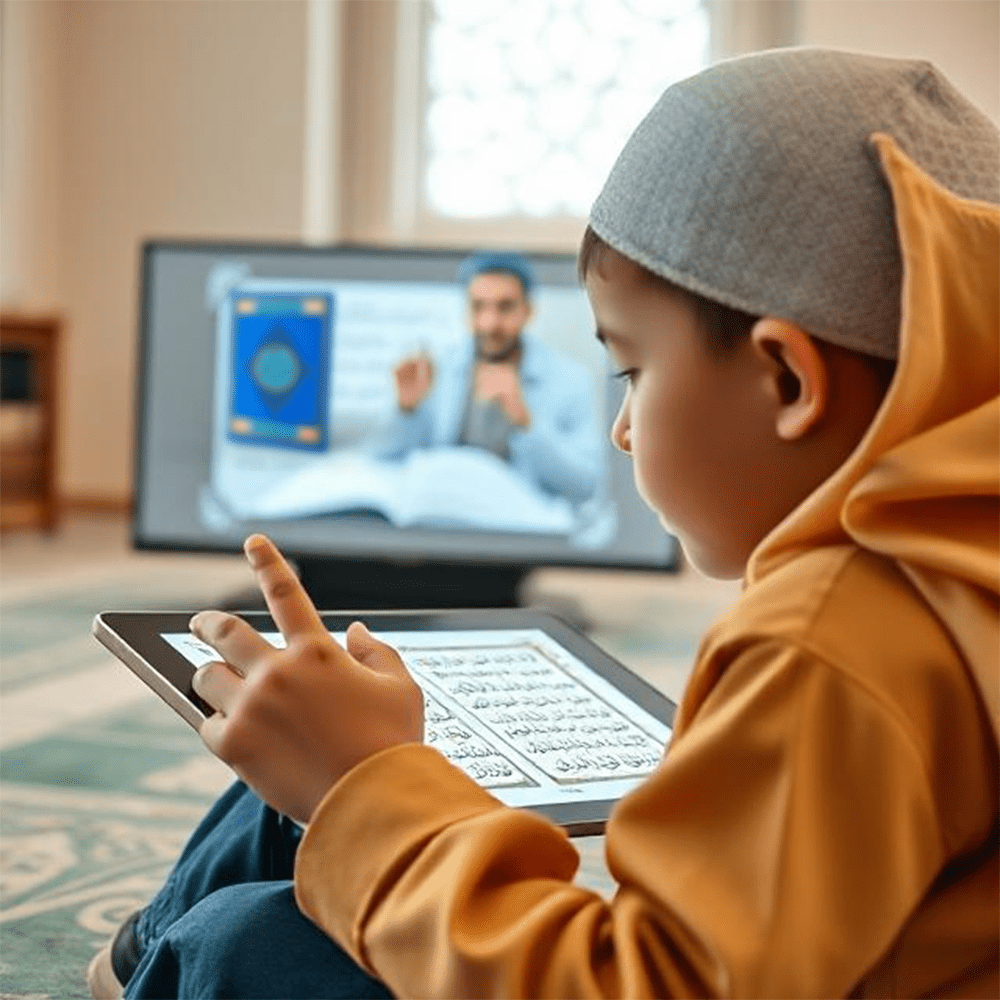 A child engaged in a one-on-one online Quran lesson on a tablet