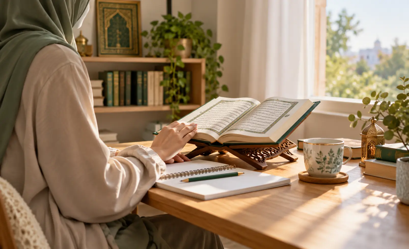 Adult learner practicing short Quran surahs at home