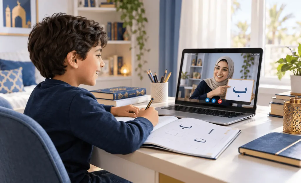 Child learning Arabic online with a native Arabic-speaking tutor