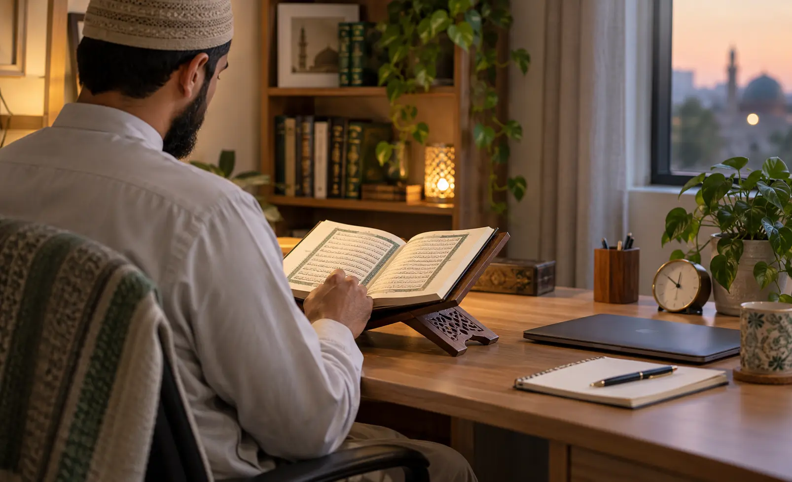 Working adult reviewing Quran memorization at home in the evening